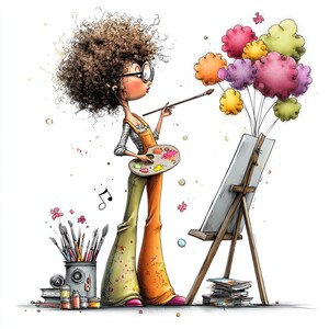 May include: An illustration of an artist with curly brown hair, wearing glasses and an orange jumpsuit, holding a paintbrush and palette. The artist is painting colourful cloud-like shapes on a canvas. Paintbrushes, paints, and books are also visible.