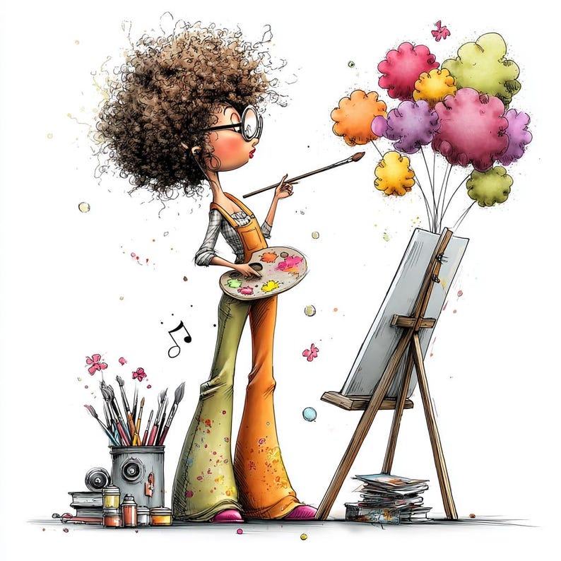 May include: An illustration of an artist with curly brown hair, wearing glasses and an orange jumpsuit, holding a paintbrush and palette. The artist is painting colourful cloud-like shapes on a canvas. Paintbrushes, paints, and books are also visible.