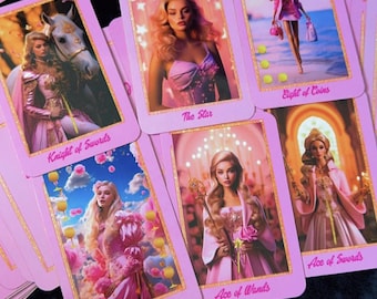 May include: A collection of pink tarot cards featuring illustrations of women in fantasy settings. The cards display titles like "Knight of Swords," "The Star," and "Ace of Wands." The cards are arranged on a dark surface.
