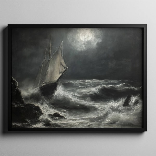 Vintage Sturm auf See Ölgemälde, Moody Seelandschaft, Antikes Meer Bild, Schiff Kunstdruck – digitale Antike Kunst.
