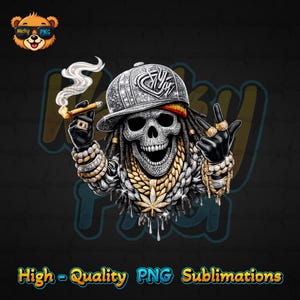 Puede incluir: Ilustración detallada de una calavera con gorra al revés, joyas de oro y rastas, fumando un cigarro. La calavera hace un gesto con la mano. La imagen incluye el texto "High - Quality PNG Sublimations".