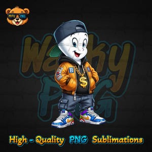 Urban Gangster Cute Ghost Casper, Urban Trap Designs, Fantasy Fan Art, Pop Culture Designs, Digital Downloads Png, Sublimation Png, Dtf PNG