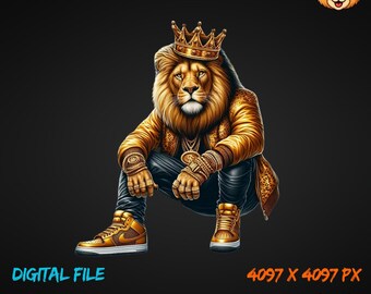 Urban Lion King Png, Golden Lion PNG, Streetwear Lion Png, Hip Hop Animal Png, Lion King Design Png, Gangster Lion Mascot Png