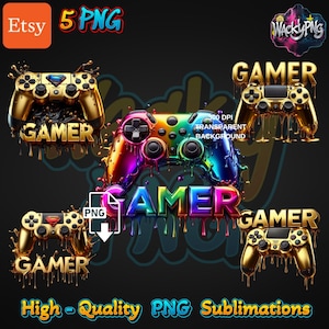 May include: Five digital illustrations of a gold and rainbow colored video game controller with dripping paint. The text "GAMER" is featured in the design. The images are 300 DPI and have a transparent background.