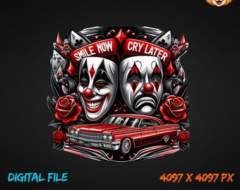 Chicano Clown Png, Smile Now Cry Later PNG, Lowrider Car Style Png, Payaso Png, DTF Transfer Png, Gangster Mask Png, Chicano Art Design Png