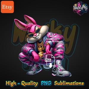 Gangsta Pink Bunny PNG: Urban Streetwear Design (Digital Download)