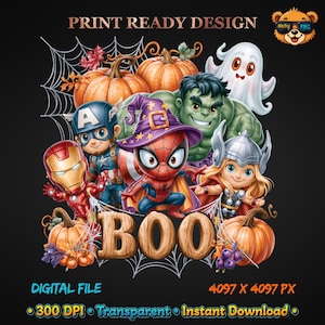 Könnte beinhalten: Ein digitales Grafikdesign mit Comic-Superhelden wie Iron Man, Captain America, Spider-Man mit Hexenhut, Hulk und Thor, umgeben von Kürbissen, einem Geist und Spinnenweben, ergänzt durch den Schriftzug BOO, PRINT READY DESIGN und 4097 X 4097 PX.
