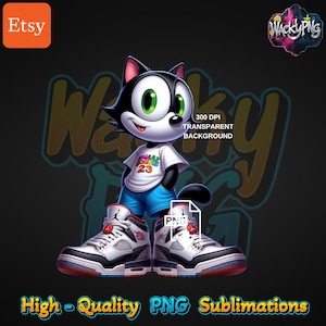 May include: A cartoon cat wearing a blue and white shirt with the text "Wacky Sounds 23" and black and white sneakers. The cat is standing in front of a yellow and orange "Wacky" logo. The background is black.