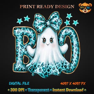 Boo Png, Teal Leopard Print Ghost With Bow, Cute Halloween Sublimation Design, Trendy Spooky Season Shirt Png, Aesthetic Fall Graphic