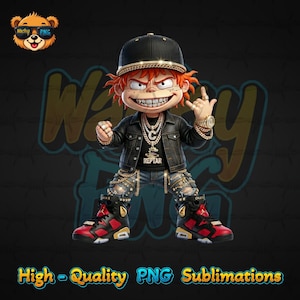 May include: A cartoon illustration of a character wearing a black leather jacket, gold chains, and a black cap. The character is wearing red and black sneakers and jeans. The image includes the text "High - Quality PNG Sublimations".