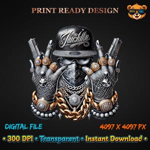 May include: Digital art print of a figure wearing a black cap, sunglasses, and bandana. The figure's hands are covered in rings and bracelets, holding guns. Gold chains and the text "PRINT READY DESIGN" are also visible.