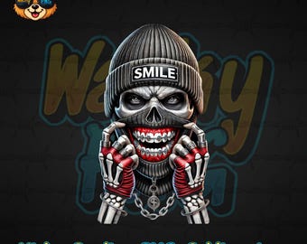 Skull Mask Smile PNG, Dark Streetwear Skeleton Face Design, Creepy Urban Horror Graphic, Grill Teeth Gothic Shirt Sublimation