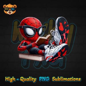 Cute Spidey PNG, Mini Spider Hero Clipart, Funny Chibi Superhero Reading Book, Nerd Spiderman, Cartoon Superhero Digital Download, Dtf PNG