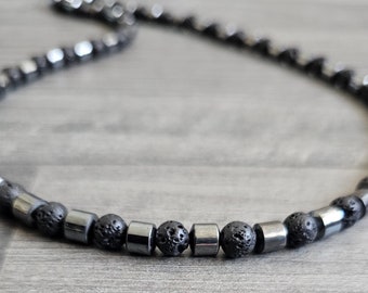 Mens Hematite & Lava Rock Beaded Necklace