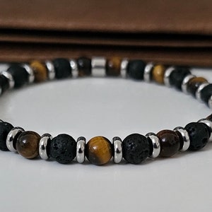Mens Tiger&#39;s Eye & Lava Stone Stainless steel Beaded stretch Bracelet