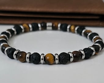 Mens Tiger's Eye & Lava Stone Stainless steel Beaded stretch Bracelet