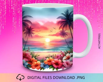 Sunset Beach Mug Wrap, 11 and 15oz Mug Wrap PNG, Mug Sublimation, Summer Mug Wrap, Mug Wrap Design, Mug PNG, Instant Download, Beach Tumbler