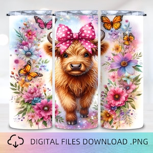 Highland Cow Florals Skinny Tumbler Wrap, 20oz Tumbler Sublimation Design, Cow Tumbler Wrap, Cow Designs PNG, Digital Download