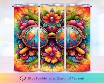Hippie Peace Love Skinny Tumbler wrap, 20oz Skinny Tumbler, Boho Tumbler Design, Tumbler Sublimation, Tumbler Wrap PNG, Sublimation Design