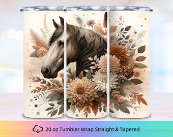 Flower Horse 20oz Skinny Tumbler Wrap, Horse Tumbler Design, Flower Tumbler PNG, Horse Sublimation, Digital Files, Instant Download