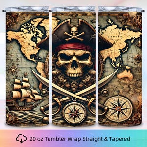 Skull Pirate 20 oz Tumbler Wrap | PNG Sublimation | High Quality 300DPI | 9.3 x 8.2 Inches | Digital Download