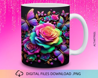 Rosen Mug Wrap Design, 11 & 15 oz Tassenverpackung, Tassenverpackung PNG, Tassenverpackung, Kaffeetassenverpackungen, Blumentasse, niedliche Tasse, Kaffeetassen-Designs, Blumentasse
