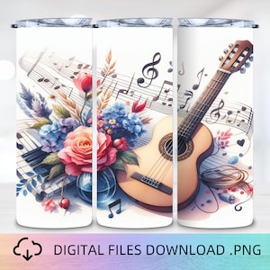 Acoustic Guitar 20oz Tumbler Wrap, PNG Digital Download, 3D Tumbler wrap, PNG Sublimation, Instant Download, Music Notes Tumbler Wrap