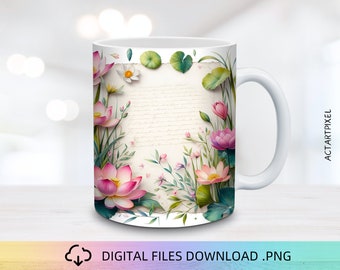 Floral Scrapbook Mug Wrap, 11&15oz Mug Wrap PNG, Mug Sublimation, Flower Mug Wrap, Mug Wrap Design, Mug PNG, Pink Flowers Mug Wrap