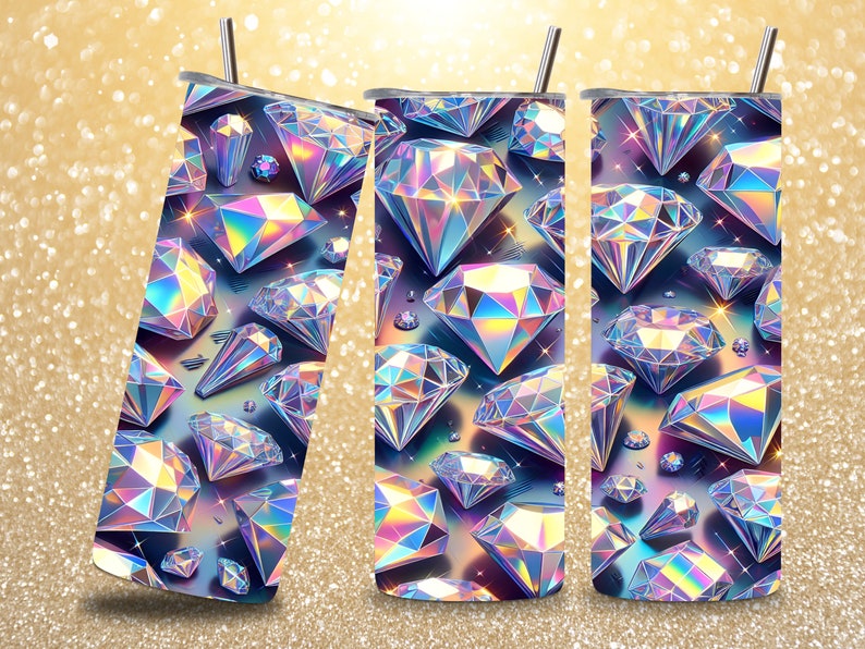Pode incluir: Um copo de a&ccedil;o inoxid&aacute;vel com um padr&atilde;o de diamante iridescente colorido. O copo tem uma tampa e um canudo.