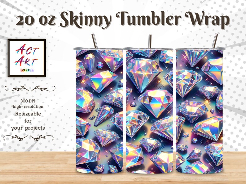 Pode incluir: Um design digital com um padr&atilde;o de diamantes iridescentes sobre um fundo azul escuro. Este design &eacute; destinado a ser usado como um inv&oacute;lucro para um copo magro de 20 on&ccedil;as.
