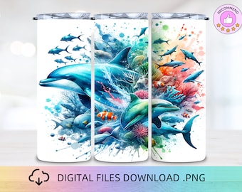 Opakowanie na kubek Dolphin Tumbler, 20oz Skinny Tumbler, Sublimacja na kubek, Dolphin Tumbler PNG, Opakowanie na kubek Sea Life, Ocean Tumbler, Dolphin PNG