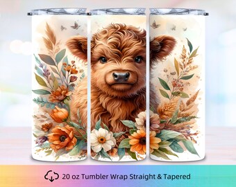 Highland Cow Flower 20oz Skinny Tumbler Wrap, Highland Cow Tumbler Design, Flower Sublimation, Cow Tumbler Wrap, Cute Highland Cow Tumbler