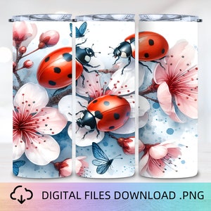 May include: Three sublimation designs featuring ladybirds and pink cherry blossoms on a white background. The designs are perfect for creating custom tumblers, mugs, or other personalised items.