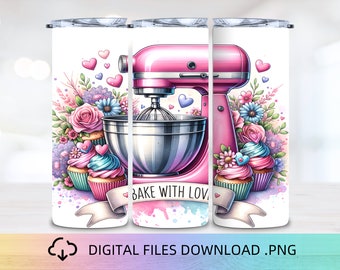 Bake With Love Tumbler Wrap, copos de sublimação, 20 onças Tumbler, Tumbler Wrap PNG, Baking tumbler wrap, Kawaii Tumbler Wrap