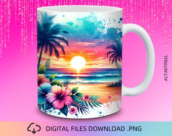 Sunset Beach Mug Wrap Design, 11 & 15 oz Mug Wrap, Mug Wrap PNG, Summer Mug Wrap, Beach Mug PNG, Mug Wrap, Coffee Mug Wrap, Mug PNG