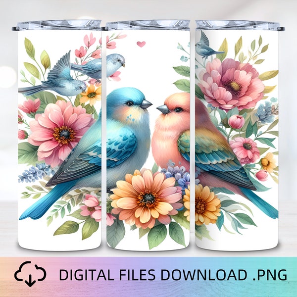 Love Bird Floral 20oz Tumbler Wrap, PNG Digital Download, 3D Tumbler wrap, PNG Sublimation, Instant Download, Tumbler Sublimation