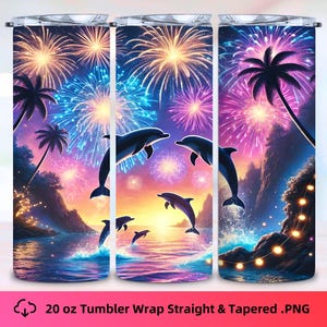 Paradise Dolphins with Firework 20 oz Tumbler Wrap | PNG Sublimation | High Quality 300DPI | 9.3 x 8.2 Inches | Digital Download