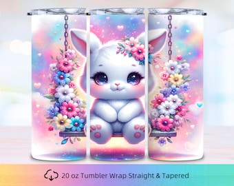 Cute Bunny on the Swing 20oz Tumbler wrap, White Rabbit Tumbler, Fairy Bunny PNG, Flower Bunny Tumbler, Rabbit Sublimation, Instant Download