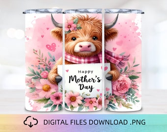 Mother&#39;s Day Tumbler Wrap, Highland Cow 20oz Skinny Tumbler, Tumbler Sublimation, Mom Tumbler Wrap, Instant Download, Tumbler Designs