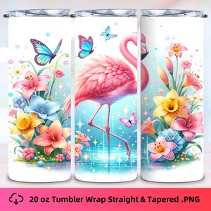 May include: A 20 ounce tumbler wrap design featuring a pink flamingo standing in a pool of water with blue butterflies and colorful flowers. The design is suitable for both straight and tapered tumblers.