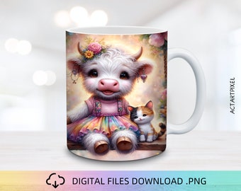 Highland vache sur la balançoire mug Wrap, 11 & 15 oz Mug Wrap PNG, Mug sublimation, emballage de tasse vache, conception de papier peint, conception de mug mignon, papier d'emballage Kawaii