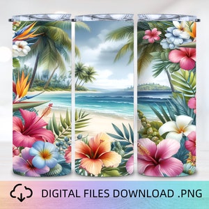 20oz Tumbler Wrap 3D Beach Tropical Flowers PNG Digital Download, 3D Tumbler wrap, PNG Sublimation, Instant Download, Tumbler Sublimation