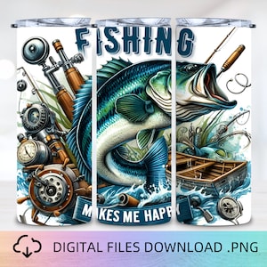 Fishing Makes Me Happy 20oz Skinny Tumbler Wrap, Digital Download PNG, Fisherman Tumbler Wrap, Bass Fishing Tumbler, Fishing Sublimation PNG