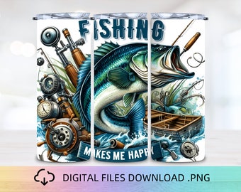 Fishing Makes Me Happy 20oz Skinny Tumbler Wrap, Digital Download PNG, Fisherman Tumbler Wrap, Bass Fishing Tumbler, Fishing Sublimation PNG
