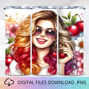 Aesthetic Cherry Girl Tumbler Wrap, 20oz Skinny Tumbler Wrap, Sublimation Design, Girl Tumbler Wrap, Tumbler Wrap PNG, Tumbler Designs