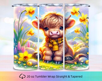 Highland Cow Flowers 20oz Skinny Tumbler Wrap, Highland Cow Tumbler Design, Flowers Sublimation, Cow Tumbler Wrap, Cute Highland Cow,