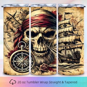 Skull Pirate 20 oz Tumbler Wrap | PNG Sublimation | High Quality 300DPI | 9.3 x 8.2 Inches | Digital Download