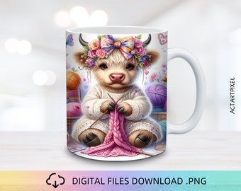 Highland Cow Knitter Tassenverpackung, Highland Cow Tassenverpackung, Tassensublimation PNG, 11oz&15oz Tassendesigns, Tassenverpackung PNG, Kuhbecher Design, Westernbecher
