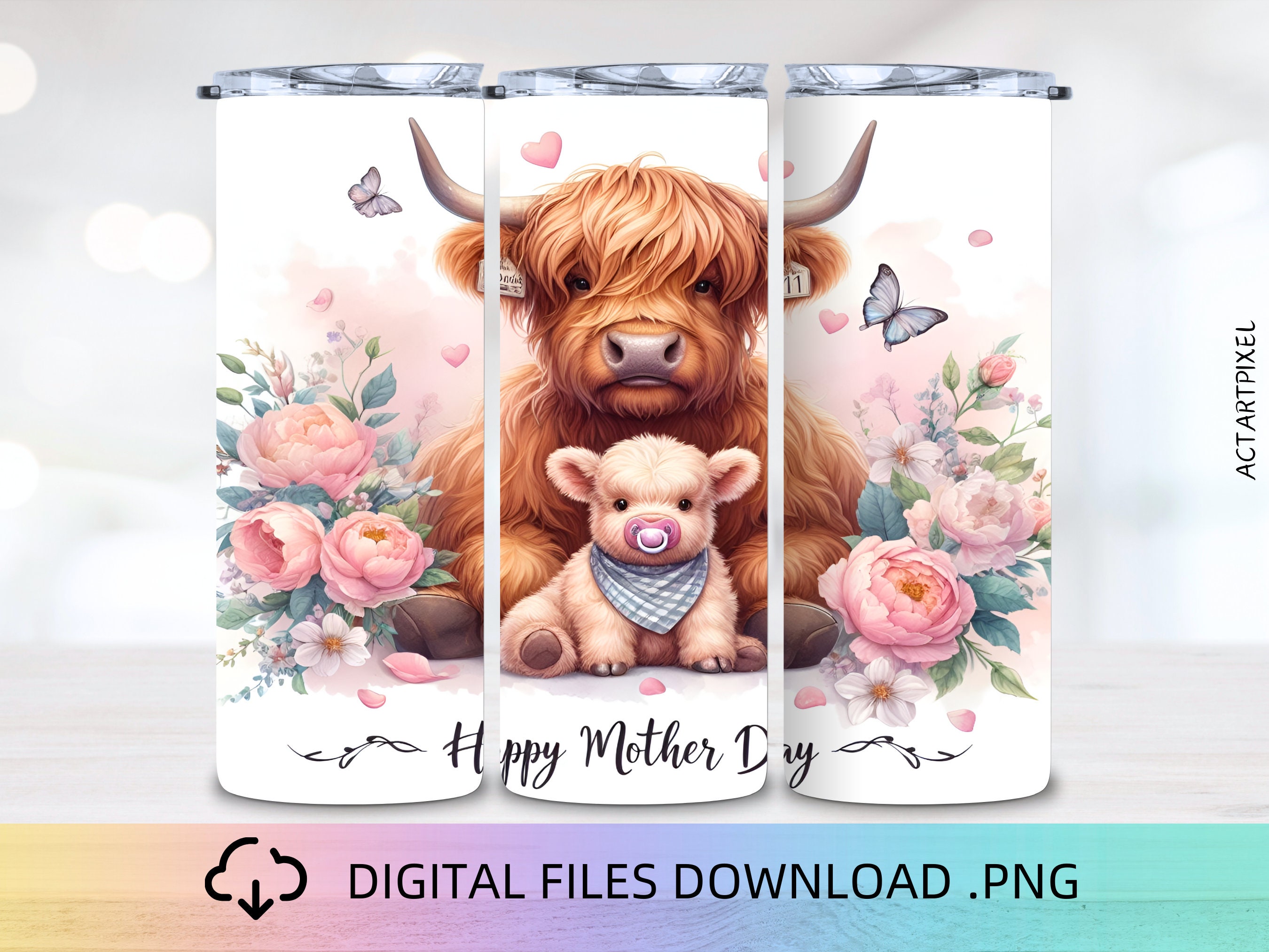 Mother's Day Tumbler Wrap, Highland Cow 20oz Skinny Tumbler, Sublimation Design PNG, Cow Tumbler Wrap Template Download, Mother's Day Gift