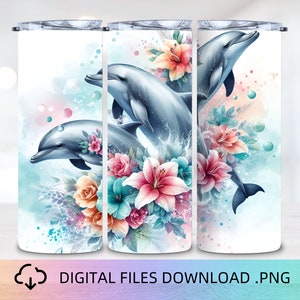 May include: Three watercolour illustrations of dolphins leaping out of the water with pink, white and blue flowers. The dolphins are in a light blue watercolour background with white splashes.